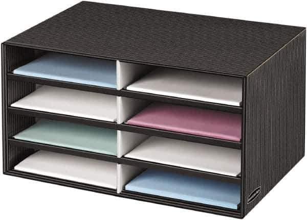 BANKERS BOX - 8 Compartments, 19-1/2" Wide x 10-1/4" High x 12-3/8" Deep, Literature Organizer - Corrugated Cardboard, Black/Gray - Exact Tool & Supply