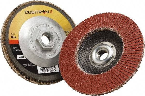 3M - 80 Grit, 4-1/2" Disc Diam, 5/8-11 Center Hole, Type 29 Ceramic Flap Disc - 13,300 Max RPM, Polyester Backing, Arbor Attaching System, Coated - Exact Tool & Supply