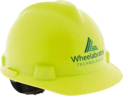MSA - ANSI Type I, Class E Rated, 4-Point, Ratchet Adjustment Hard Hat - Size 6-1/2 to 8, Blue, Standard Brim, Wheelbrator - Exact Tool & Supply