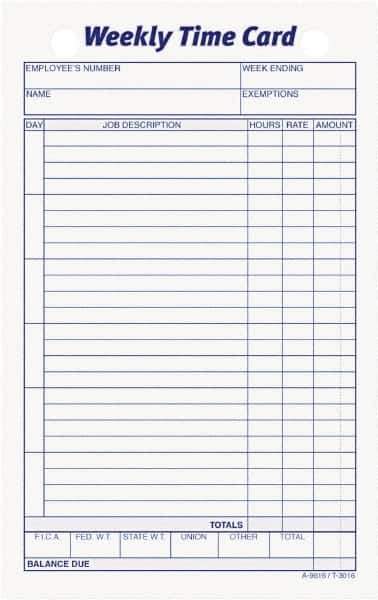 TOPS - 1" High x 4-19/64" Wide Weekly Time Cards - Use with Manual Time Record - Exact Tool & Supply