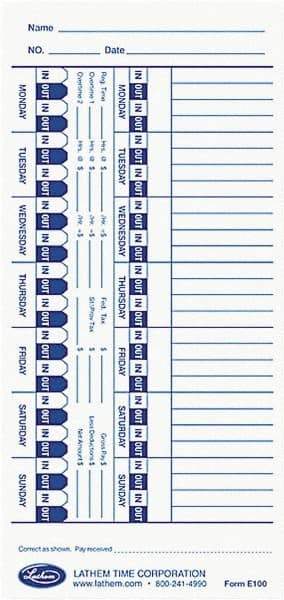 Lathem Time - 1-1/4" High x 4" Wide Weekly Time Cards - Use with Lathem E Series Time Recorders - Exact Tool & Supply