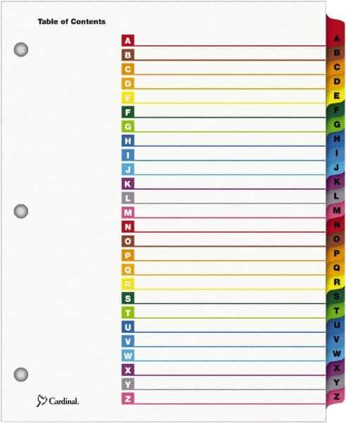 Cardinal - 11 x 8 1/2" 26 Tabs, 3-Hole Punched, Index Tab - Multi-Color Tabs, Multi-Color Folder - Exact Tool & Supply