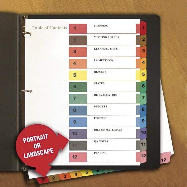 Universal One - 11 x 8 1/2" 8 Tabs, 3-Hole Punched, Tab Divider - Multicolor Tabs, White Folder - Exact Tool & Supply