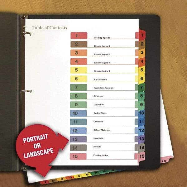Universal One - 11 x 8 1/2" 8 Tabs, 3-Hole Punched, Index Tab - Black Tabs, Multi-Color Folder - Exact Tool & Supply