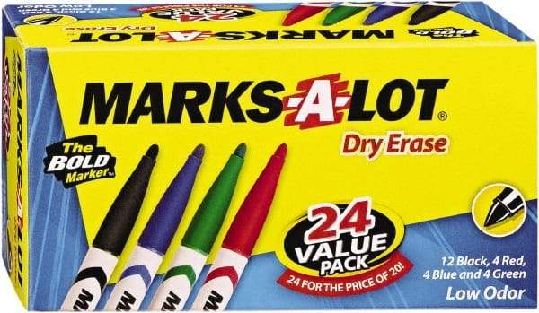 Marks-A-Lot - Assorted Colors, Pen Style, Bullet Tip, 24 Set Dry Erase Markers - For Use with Dry Erase Marker Boards - Exact Tool & Supply