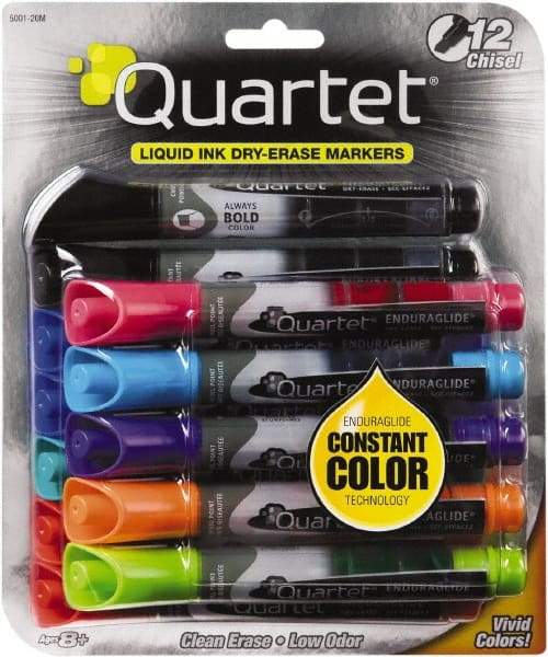 Quartet - Assorted Colors, Chisel Tip, 12 Set EnduraGlide Dry Erase Markers - For Use with Dry Erase Marker Boards - Exact Tool & Supply
