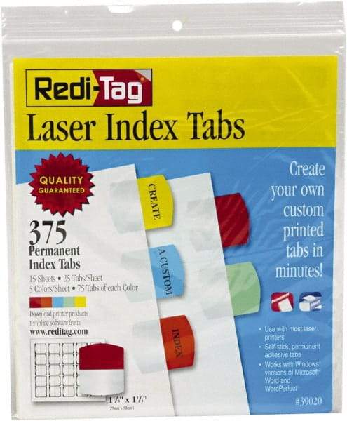 Redi-Tag - 1-1/8 x 1-1/4" 5 Tabs, Self-Adhesive, Self-Adhesive File Folder Tabs - Red, Blue, Mint, Orange, Yellow - Exact Tool & Supply