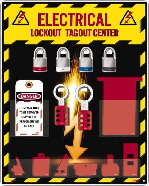 NMC - Equipped Acrylic Electrical Lockout Station - 16" Wide x 20" High x 4" Deep, Red, White, Blue, Black - Exact Tool & Supply