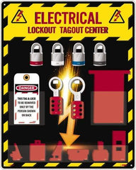 NMC - Equipped Acrylic Electrical Lockout Station - 16" Wide x 20" High x 4" Deep, Red, White, Blue, Black - Exact Tool & Supply