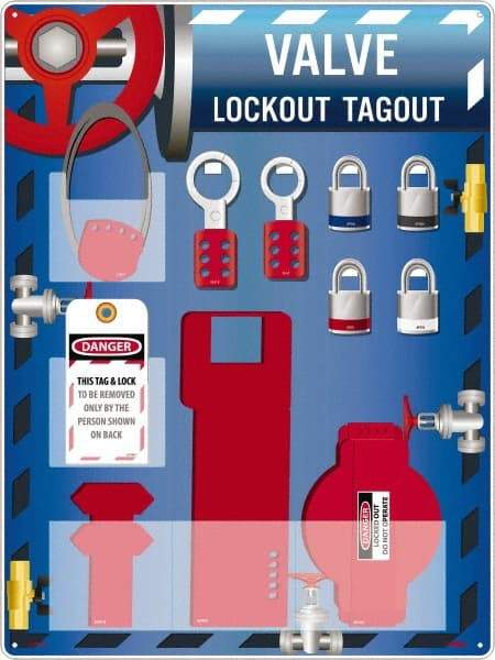 NMC - Equipped Acrylic Valve Lockout Station - 18" Wide x 24" High x 4" Deep, Red, White, Blue, Black - Exact Tool & Supply
