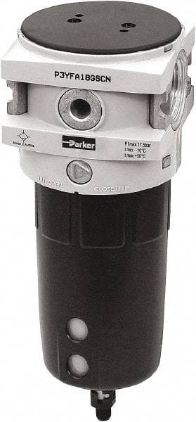 Parker - 1" Port, 9.6" High x 3-1/2" Wide Filter with Polypropylene Bowl, Manual Drain - 170 SCFM, 254 Max psi, 140°F Max Temp, Sight Glass Included, Modular Connection, Bowl Guard, 4.4 oz Bowl Capacity - Exact Tool & Supply