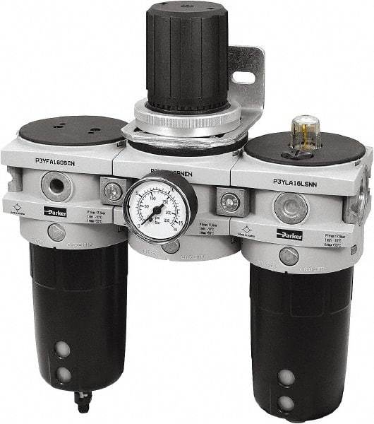 Parker - 1" NPT Port Heavy-Duty 3 Piece Filter-Regulator-Lubricator FRL Unit - Polypropylene Bowl, 170 SCFM, 254 Max psi, 13-1/2" High, Manual Drain - Exact Tool & Supply