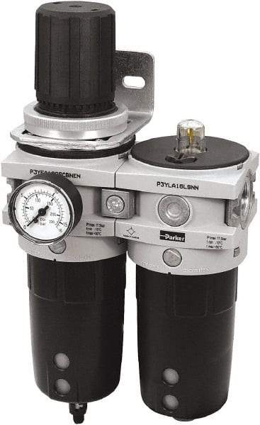 Parker - 1" NPT Port Heavy-Duty 2 Piece Filter/Regulator-Lubricator FRL Unit - Polypropylene Bowl, 340 SCFM, 254 Max psi, 13-1/2" High, Manual Drain - Exact Tool & Supply