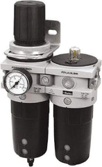 Parker - 1" NPT Port Heavy-Duty 2 Piece Filter/Regulator-Lubricator FRL Unit - Polypropylene Bowl, 340 SCFM, 254 Max psi, 13-1/2" High, Manual Drain - Exact Tool & Supply