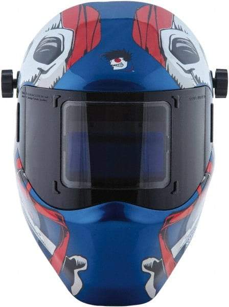 Save Phace - 3.82" Window Width x 1.85" Window Height, 4, 9 to 13 Shade Auto-Darkening Lens, Fixed Front Welding Helmet - Red/White/Blue, Nylon Green Lens - Exact Tool & Supply