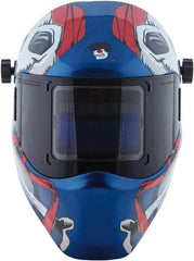 Save Phace - 3.82" Window Width x 1.85" Window Height, 4, 9 to 13 Shade Auto-Darkening Lens, Fixed Front Welding Helmet - Red/White/Blue, Nylon Green Lens - Exact Tool & Supply