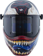 Save Phace - 3.82" Window Width x 1.85" Window Height, 4, 9 to 13 Shade Auto-Darkening Lens, Fixed Front Welding Helmet - Red/White/Blue/Silver, Nylon Green Lens - Exact Tool & Supply