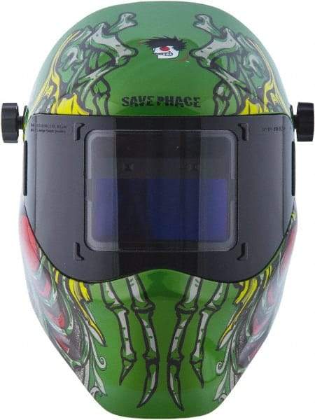 Save Phace - 3.82" Window Width x 1.85" Window Height, 4, 9 to 13 Shade Auto-Darkening Lens, Fixed Front Welding Helmet - Green/Blue/Yellow/Red, Nylon Green Lens - Exact Tool & Supply