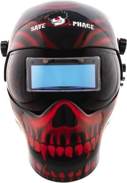 Save Phace - 3.74" Window Width x 1.38" Window Height, 4, 9 to 13 Shade Auto-Darkening Lens, Fixed Front Welding Helmet - Black/Red, Nylon Green Lens - Exact Tool & Supply