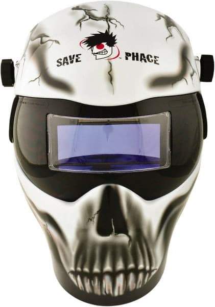 Save Phace - 3.62" Window Width x 1.42" Window Height, 3 to 10 Shade Auto-Darkening Lens, Fixed Front Welding Helmet - Black/White/Gray, Nylon Green Lens - Exact Tool & Supply