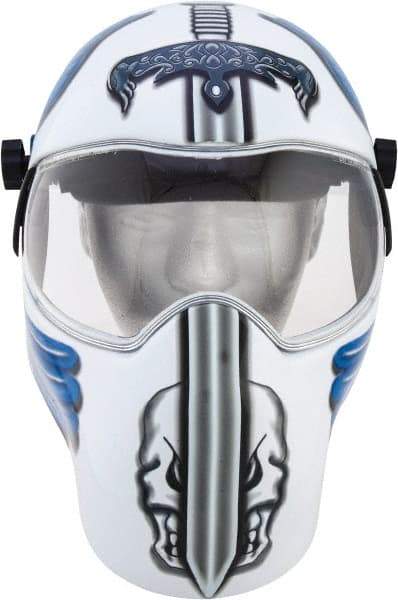 Save Phace - 11" Window Width x 3-3/4" Window Height, 10 Shade Fixed Shade Lens, Fixed Front Welding Helmet - White/Blue/Grey, Nylon Green Lens - Exact Tool & Supply