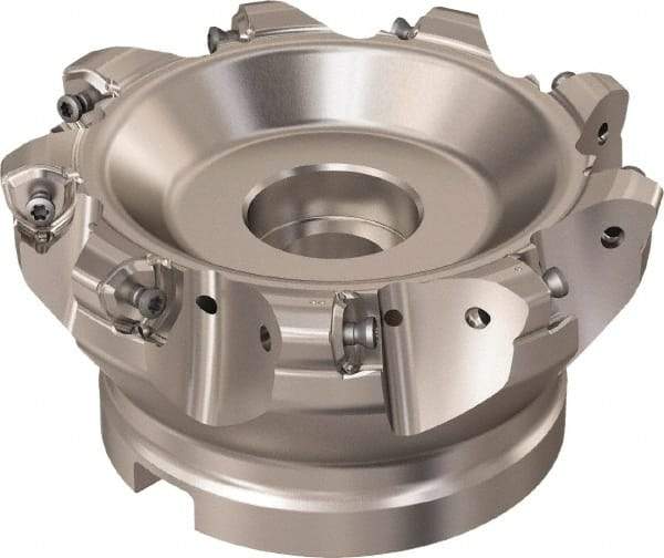 Seco - 9 Inserts, 110.2mm Cutter Diam, 1.8mm Max Depth of Cut, Indexable High-Feed Face Mill - 40mm Arbor Hole Diam, 16.4mm Keyway Width, 63mm High, R220.21 Toolholder, 218.21-230 Inserts, Series High Feed 6 - Exact Tool & Supply