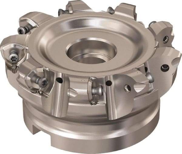 Seco - 9 Inserts, 85.6mm Cutter Diam, 1.8mm Max Depth of Cut, Indexable High-Feed Face Mill - 32mm Arbor Hole Diam, 14.4mm Keyway Width, 50mm High, R220.21 Toolholder, 218.21-230 Inserts, Series High Feed 6 - Exact Tool & Supply