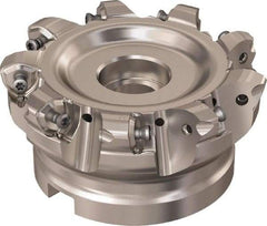 Seco - 9 Inserts, 85.6mm Cutter Diam, 1.8mm Max Depth of Cut, Indexable High-Feed Face Mill - 32mm Arbor Hole Diam, 14.4mm Keyway Width, 50mm High, R220.21 Toolholder, 218.21-230 Inserts, Series High Feed 6 - Exact Tool & Supply