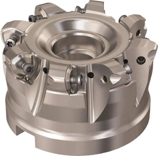 Seco - 8 Inserts, 69.6mm Cutter Diam, 1.8mm Max Depth of Cut, Indexable High-Feed Face Mill - 32mm Arbor Hole Diam, 14.4mm Keyway Width, 50mm High, R220.21 Toolholder, 218.21-230 Inserts, Series High Feed 6 - Exact Tool & Supply
