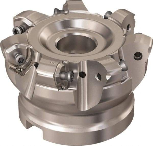 Seco - 7 Inserts, 65.6mm Cutter Diam, 1.8mm Max Depth of Cut, Indexable High-Feed Face Mill - 27mm Arbor Hole Diam, 12.4mm Keyway Width, 50mm High, R220.21 Toolholder, 218.21-230 Inserts, Series High Feed 6 - Exact Tool & Supply