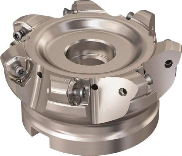 Seco - 7 Inserts, 85.6mm Cutter Diam, 1.8mm Max Depth of Cut, Indexable High-Feed Face Mill - 32mm Arbor Hole Diam, 14.4mm Keyway Width, 50mm High, R220.21 Toolholder, 218.21-230 Inserts, Series High Feed 6 - Exact Tool & Supply