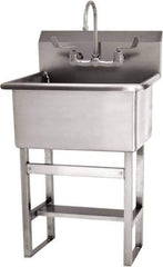 SANI-LAV - 22" Long x 16" Wide Inside, 1 Compartment, Grade 304 Stainless Steel Hand Sink Floor Mount Manual Faucet - 14 Gauge, 25" Long x 19-1/2" Wide x 46-1/2" High Outside, 10-1/2" Deep - Exact Tool & Supply