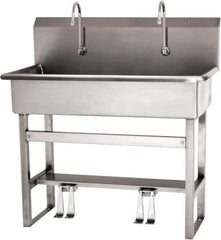 SANI-LAV - 37" Long x 16-1/2" Wide Inside, 1 Compartment, Grade 304 Stainless Steel (3) Person Wash-Station with Double Foot Valves - 16 Gauge, 40" Long x 20" Wide x 45" High Outside, 8" Deep - Exact Tool & Supply