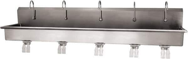 SANI-LAV - 97" Long x 16-1/2" Wide Inside, 1 Compartment, Grade 304 Stainless Steel (5) Person Wash-Station with Double Foot Valves - 16 Gauge, 100" Long x 20" Wide x 18" High Outside, 8" Deep - Exact Tool & Supply