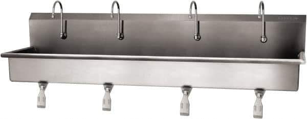 SANI-LAV - 77" Long x 16-1/2" Wide Inside, 1 Compartment, Grade 304 Stainless Steel (4) Person Wash-Station with Single Foot Valves - 16 Gauge, 80" Long x 20" Wide x 18" High Outside, 8" Deep - Exact Tool & Supply