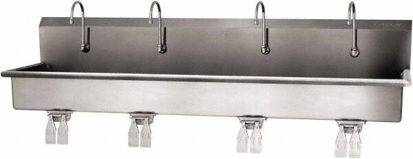 SANI-LAV - 77" Long x 16-1/2" Wide Inside, 1 Compartment, Grade 304 Stainless Steel (4) Person Wash-Station with Double Foot Valves - 16 Gauge, 80" Long x 20" Wide x 18" High Outside, 8" Deep - Exact Tool & Supply
