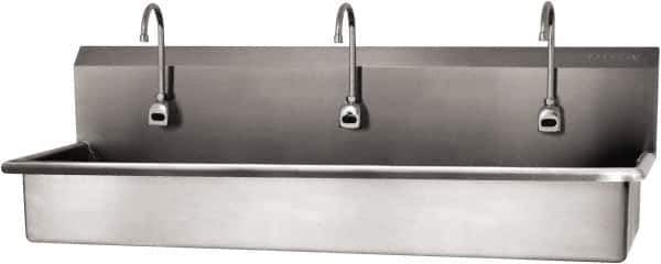 SANI-LAV - 57" Long x 16-1/2" Wide Inside, 1 Compartment, Grade 304 Stainless Steel (3) Person Wash-Station with Electronic Faucet - 16 Gauge, 60" Long x 20" Wide x 18" High Outside, 8" Deep - Exact Tool & Supply