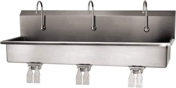 SANI-LAV - 57" Long x 16-1/2" Wide Inside, 1 Compartment, Grade 304 Stainless Steel (3) Person Wash-Station with Double Foot Valves - 16 Gauge, 60" Long x 20" Wide x 18" High Outside, 8" Deep - Exact Tool & Supply