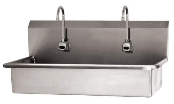 SANI-LAV - 37" Long x 16-1/2" Wide Inside, 1 Compartment, Grade 304 Stainless Steel (2) Person Wash-Station with Electronic Faucet - 16 Gauge, 40" Long x 20" Wide x 18" High Outside, 8" Deep - Exact Tool & Supply