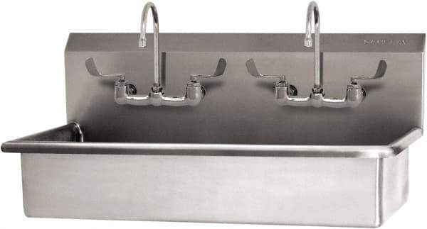 SANI-LAV - 37" Long x 16-1/2" Wide Inside, 1 Compartment, Grade 304 Stainless Steel (2) Person Wash-Station with Manual Faucet - 16 Gauge, 40" Long x 20" Wide x 18" High Outside, 8" Deep - Exact Tool & Supply