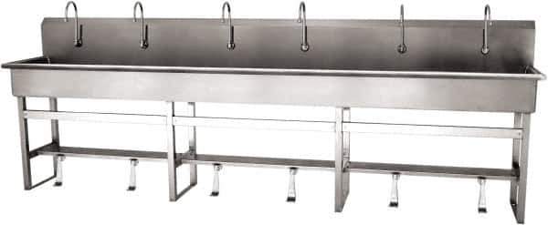 SANI-LAV - 117" Long x 16-1/2" Wide Inside, 1 Compartment, Grade 304 Stainless Steel (6) Person Wash-Station with Single Foot Valves - 16 Gauge, 120" Long x 20" Wide x 45" High Outside, 8" Deep - Exact Tool & Supply