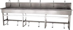 SANI-LAV - 117" Long x 16-1/2" Wide Inside, 1 Compartment, Grade 304 Stainless Steel (6) Person Wash-Station with Single Foot Valves - 16 Gauge, 120" Long x 20" Wide x 45" High Outside, 8" Deep - Exact Tool & Supply