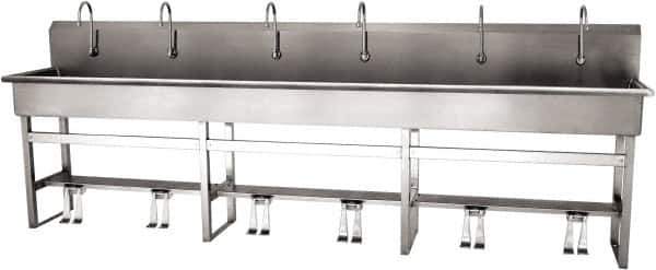 SANI-LAV - 117" Long x 16-1/2" Wide Inside, 1 Compartment, Grade 304 Stainless Steel (6) Person Wash-Station with Double Foot Valves - 16 Gauge, 120" Long x 20" Wide x 45" High Outside, 8" Deep - Exact Tool & Supply