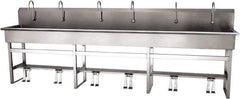 SANI-LAV - 117" Long x 16-1/2" Wide Inside, 1 Compartment, Grade 304 Stainless Steel (6) Person Wash-Station with Double Foot Valves - 16 Gauge, 120" Long x 20" Wide x 45" High Outside, 8" Deep - Exact Tool & Supply