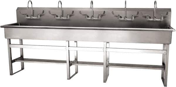 SANI-LAV - 97" Long x 16-1/2" Wide Inside, 1 Compartment, Grade 304 Stainless Steel (5) Person Wash-Station with Manual Faucet - 16 Gauge, 100" Long x 20" Wide x 45" High Outside, 8" Deep - Exact Tool & Supply