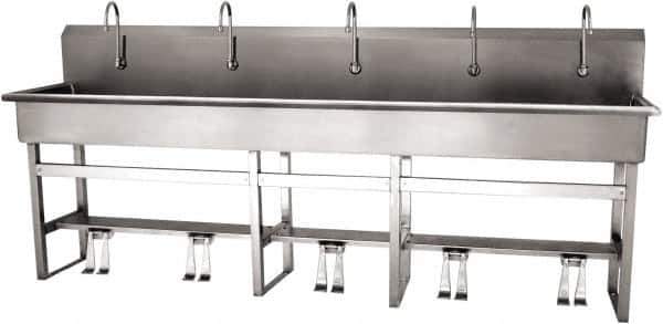 SANI-LAV - 97" Long x 16-1/2" Wide Inside, 1 Compartment, Grade 304 Stainless Steel (5) Person Wash-Station with Double Foot Valves - 16 Gauge, 100" Long x 20" Wide x 45" High Outside, 8" Deep - Exact Tool & Supply