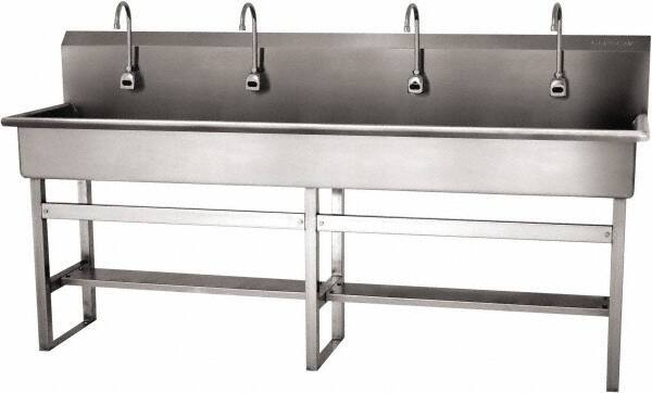 SANI-LAV - 77" Long x 16-1/2" Wide Inside, 1 Compartment, Grade 304 Stainless Steel (4) Person Wash-Station with Electronic Faucet - 16 Gauge, 80" Long x 20" Wide x 45" High Outside, 8" Deep - Exact Tool & Supply