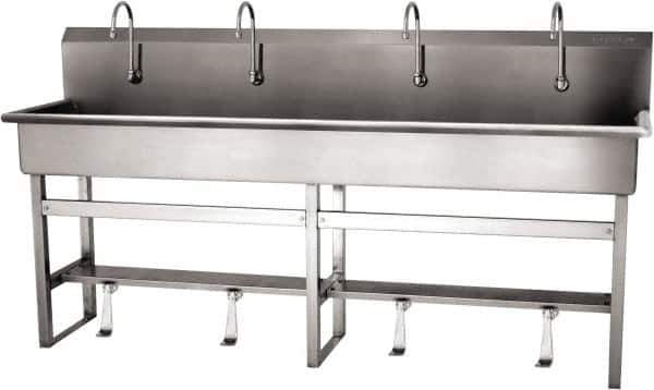 SANI-LAV - 77" Long x 16-1/2" Wide Inside, 1 Compartment, Grade 304 Stainless Steel (5) Person Wash-Station with Single Foot Valves - 16 Gauge, 80" Long x 20" Wide x 45" High Outside, 8" Deep - Exact Tool & Supply