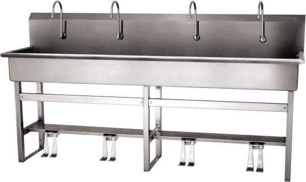SANI-LAV - 77" Long x 16-1/2" Wide Inside, 1 Compartment, Grade 304 Stainless Steel (5) Person Wash-Station with Double Foot Valves - 16 Gauge, 80" Long x 20" Wide x 45" High Outside, 8" Deep - Exact Tool & Supply