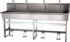 SANI-LAV - 77" Long x 16-1/2" Wide Inside, 1 Compartment, Grade 304 Stainless Steel (5) Person Wash-Station with Double Foot Valves - 16 Gauge, 80" Long x 20" Wide x 45" High Outside, 8" Deep - Exact Tool & Supply